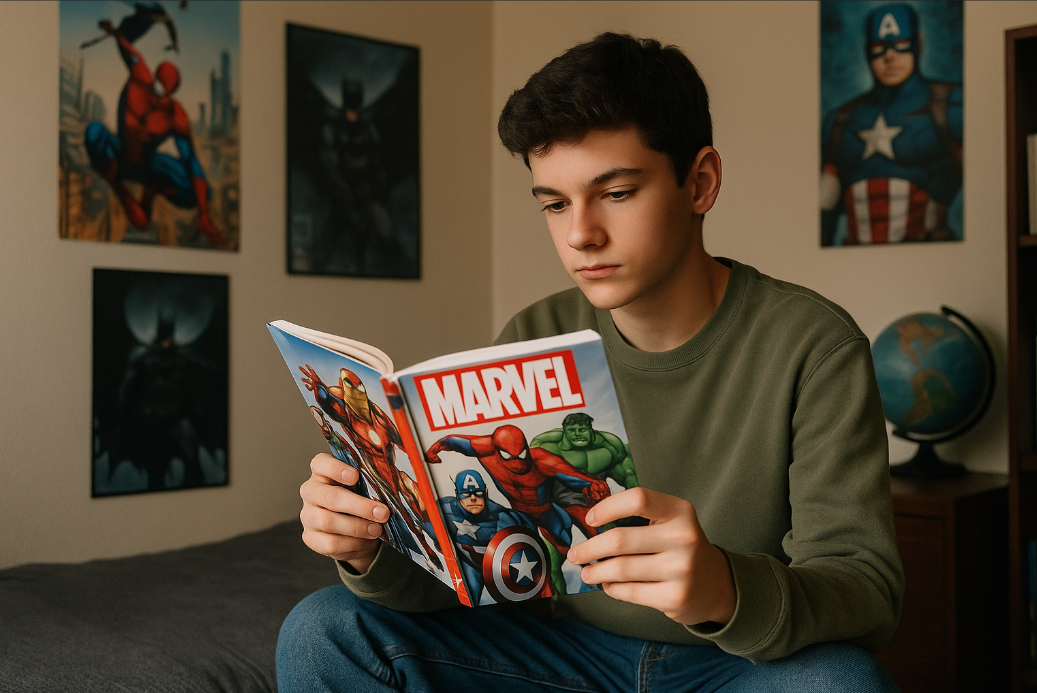 adolescent lisant une bd marvel dans sa chambre