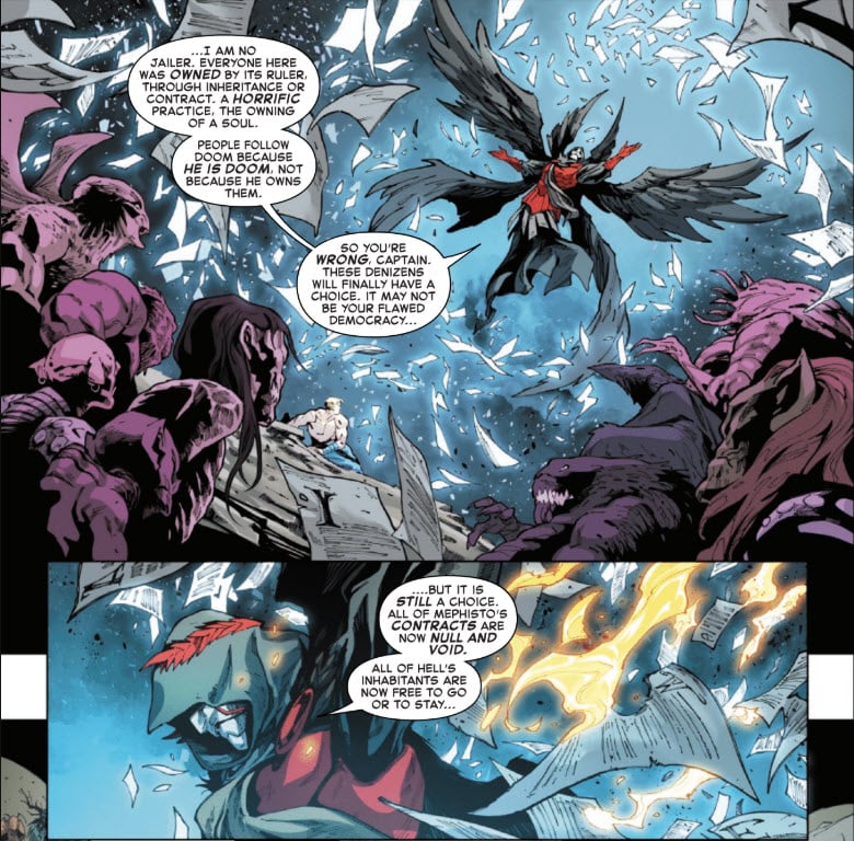 Case de Captain America #16 où Doom, devenu maître de l'Enfer, déclare nuls et non avenus tous les contrats de Méphisto