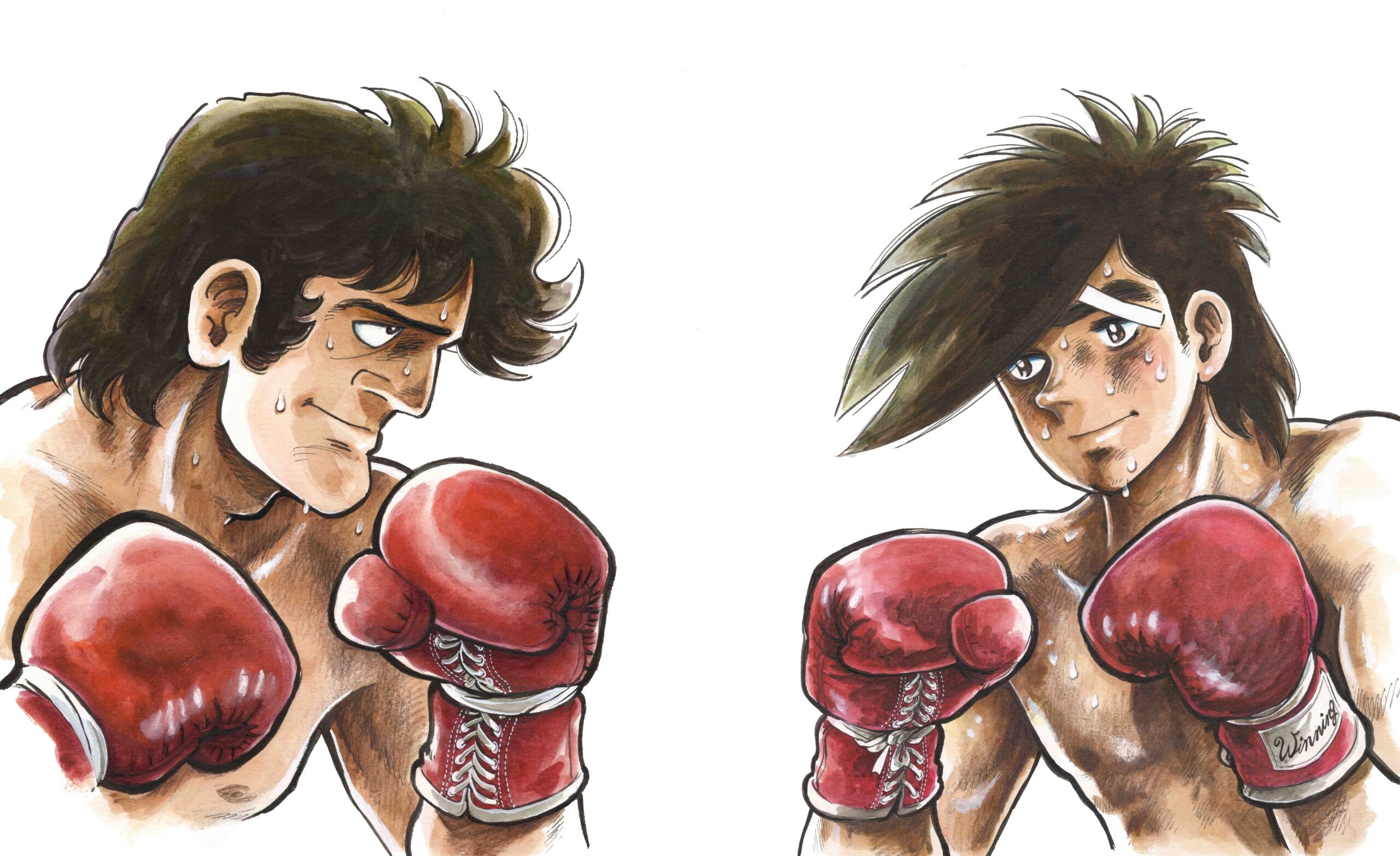 Estampe « Rivaux de destin » de Tetsuya Chiba, consacrée à Joe Yabuki et Tōru Rikiishi, les deux boxeurs rivaux d'Ashita no Joe