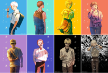 Les couvertures japonaises des tomes 1 à 7 de The Summer Hikaru Died, dont l'édition limitée du tome 7, disposées en grille sur deux rangées de fonds colorés.